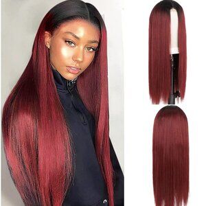 MAGI&MEET Wine Red Long Straight Wig for Women 28 Inch Burgundy Ombre Color